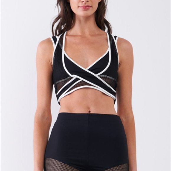 Black Combined Sheer Net Mesh Sleeveless Overlapping Racer Back Sports Bra Crop - Picture 2 of 3